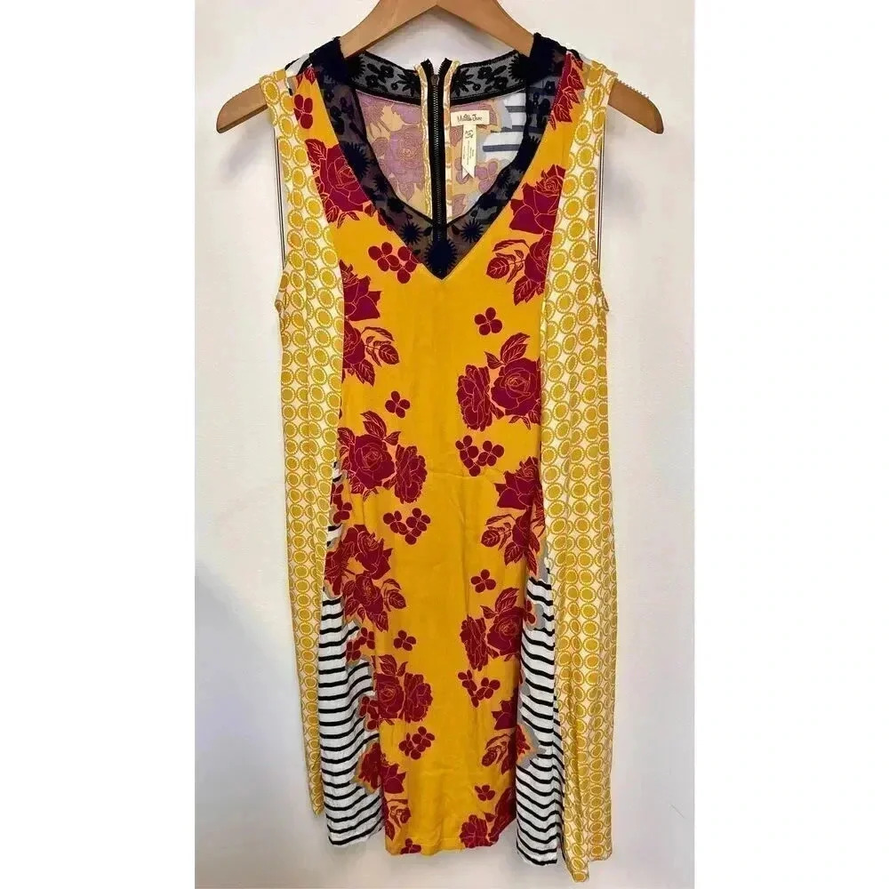 Matilda Jane Women's Yellow Floral Patchwork Sleeveless‎ V Neck Dress M